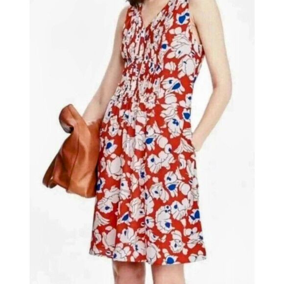 Banana Republic Dress Size‎ 14 Floral Pleated Sleeveless V Neck Red White Blue - Picture 1 of 13